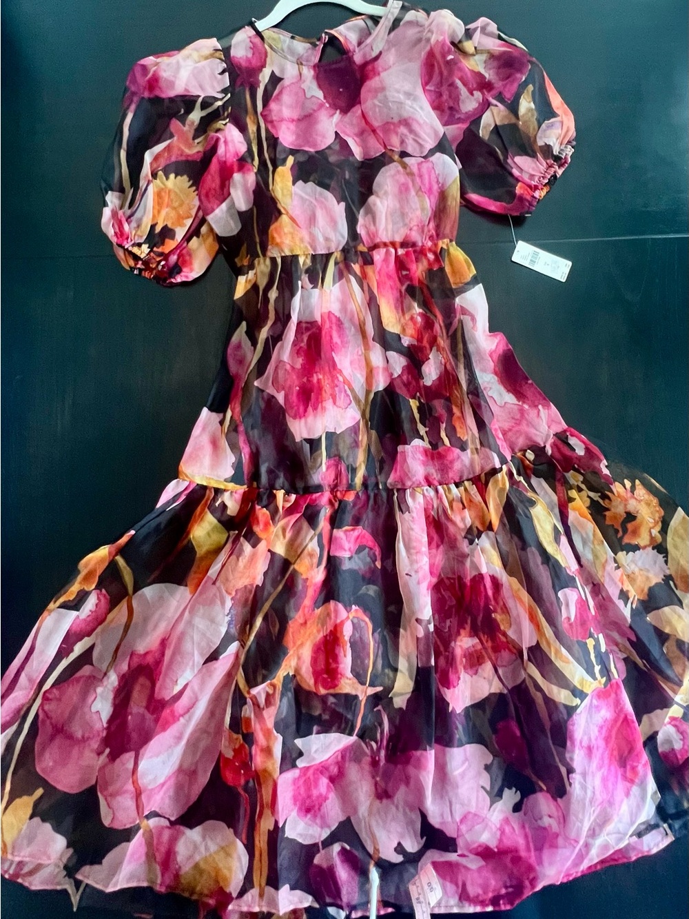 Anthropologie Black Floral Midi Dress with Pink & Yellow Blooms